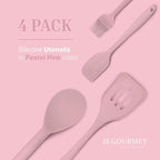Silicone Utensils 4-Piece Set – Rubber Spatula, Pastry Brush, Slotted Turner, and Rice Paddle – Complete Heat-Resistant Set for Non-Stick Cookware – Kitchen Tools for Cooking and Baking – Pastel Pink