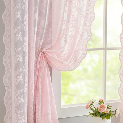 YJ YANJUN Vintage Lace Curtains Cute Pink Floral Cafe Curtains 45 inch Length 2 by YJYANJUN