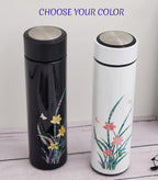 Mother of Pearl Design Stainless Steel Water Bottle with Tea Infuser Strainer 17 oz Leakproof Screw Cap Wide Mouth Double Wall Vacuum Insulated Travel Sport Water Flask Thermo Mug (Orchid White)