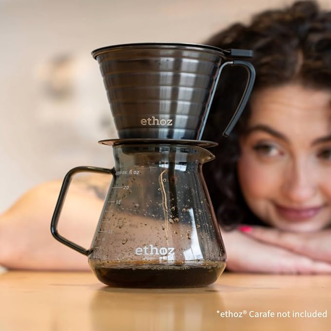 Ethoz® Pour Over Coffee Maker – Sustainable Stainless Steel Pour Over with Built-In Reusable Filter, Flat/Convex Bottom for Even Extraction, Eco-Friendly Design, Precision Anywhere Brewing