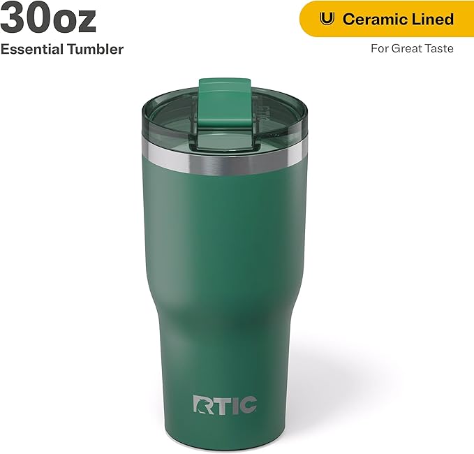 RTIC 30oz Essential Tumbler with Lid, Insulated, Stainless Steel, Metal, Double Wall Vacuum-Insulation, Ceramic Lined, Travel Cup for Iced Coffee, Tea, Hot and Cold Drink, Pine Tree