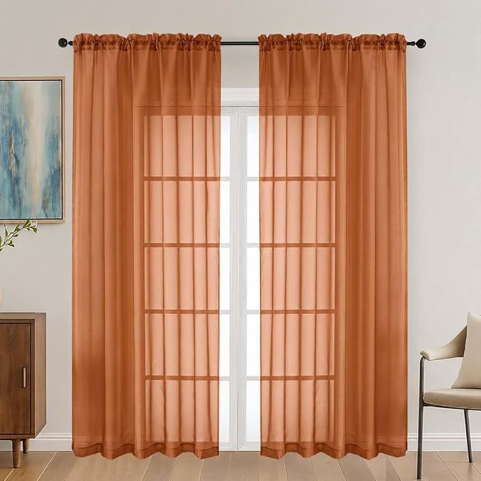 Orange Sheer Curtains 72 Inches Long 2 Panels Set, Light Filtering Sheer by OVZME