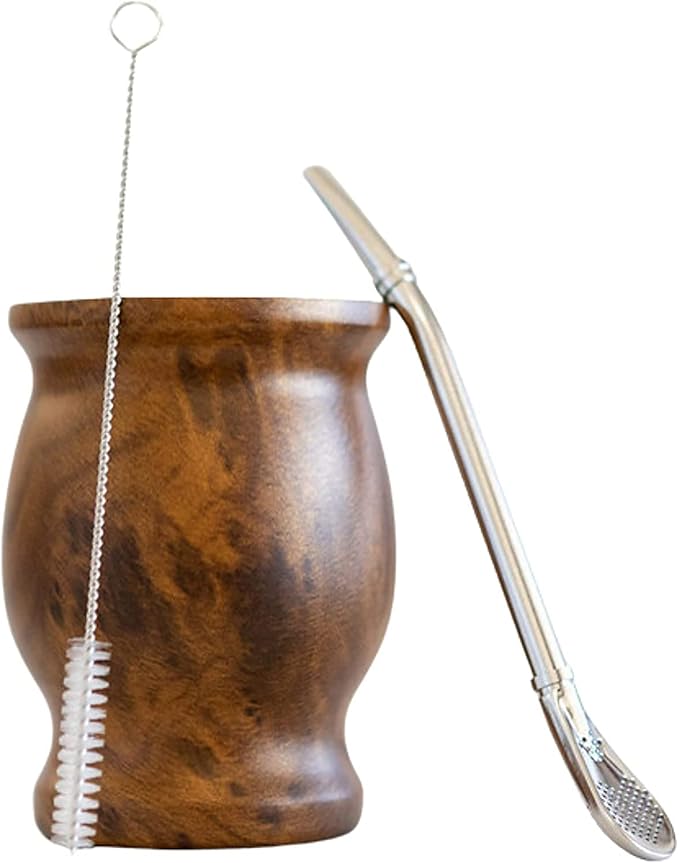LA FEE Yerba Mate Natural Gourd/Tea Cup Set Brown (Original Traditional Mate Cup - 8 Ounces)，Includes Yerba Mate Straw & Cleaning Brush，Stainless Steel | Double-Walled | Easy to Clean (Brown)