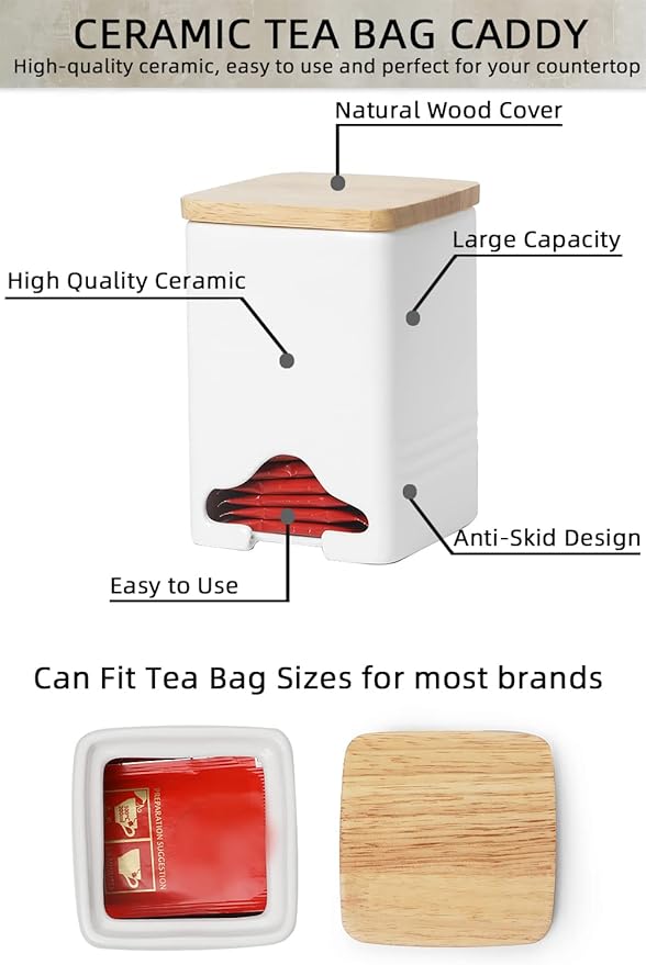Ceramic Tea Bag Storage Organizer Caddy Holder with Lid (White)
