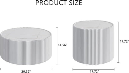 White Marble Coffee Table Set of 2, 29.52" Round Flued Coffee Table and End - Image 2