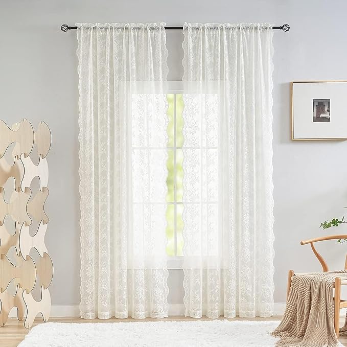 YJ YANJUN Vintage Lace Curtains 94 Inches Long- Antique Flowers Ivory Sheer - Image 3