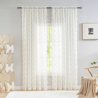 YJ YANJUN Vintage Lace Curtains 94 Inches Long- Antique Flowers Ivory Sheer - Image 3