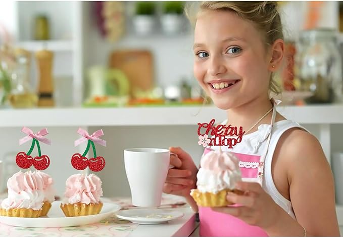 24 Pack She's the Cherry On Top Cupcake Toppers, Glitter Cherry Sweet Cake Pick for Fruits Theme Baby Shower and Bridal Shower Decorations Supplies (Ribbon Top)
