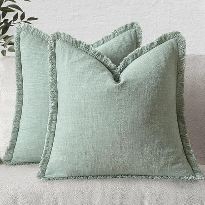 MIULEE Boho Linen Fringe Decorative Throw Pillow Covers Aqua Green 20x20 | Set by MIULEE