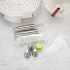 Restaurantware Pastry Tek Russian Piping Tips Set 68 Piece Durable Cake Decorating Kit - 57 Piping Tips 10 Piping Bags Stainless Steel Piping Bags And Tips Set 1 Tri-Color Coupler