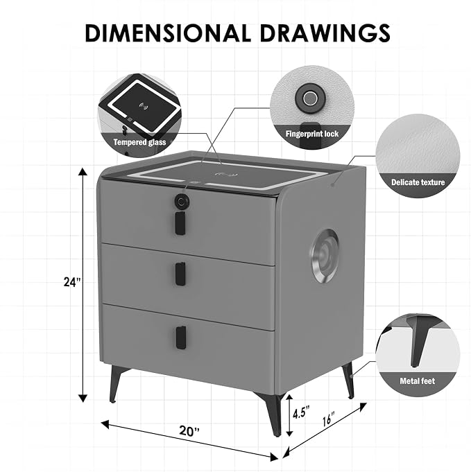 Smart Nightstand with Wireless Charging, with Fingerprint Lock Drawer, Night - Image 2