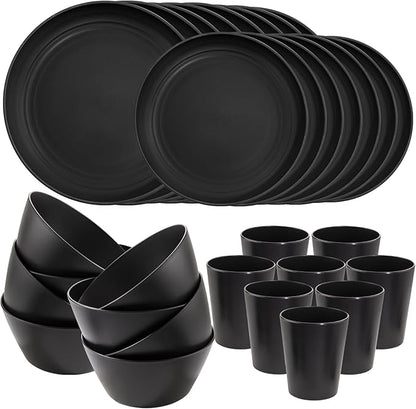 LIYH 48 Pcs Black Wheat Straw Plates and Bowls Dinnerware Set Camping Dish Set for 12, Plastic Plates and Bowls, Dishwasher Safe Dinnerware Sets, Unbreakable Plastic Camper Dishes Sets