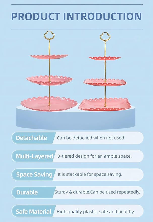 RAUVOLFIA 2 Pack of Plastic Round & Square Dessert Cupcake Stand, 3 Tier Cup Cake Holder Tower for Tea Party/Birthday/Wedding, Plastic Tiered Serving Tray (Pink)