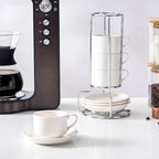 2.5 Ounce Porcelain Espresso Cups with Saucers and Silver Stand, White Stackable Cups Set of 4