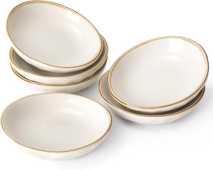 famiware Ocean Soy Sauce Dishes of 6, Oval Dipping Sauce Cups/Bowls/Dishes for Kitchen, 2.1oz Ceramic Small Bowls for Side Dish, Appetizers, Snacks, and Sushi, Dishwasher Safe, Vanilla White