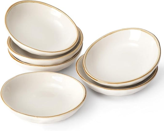 famiware Ocean Soy Sauce Dishes of 6, Oval Dipping Sauce Cups/Bowls/Dishes for Kitchen, 2.1oz Ceramic Small Bowls for Side Dish, Appetizers, Snacks, and Sushi, Dishwasher Safe, Vanilla White