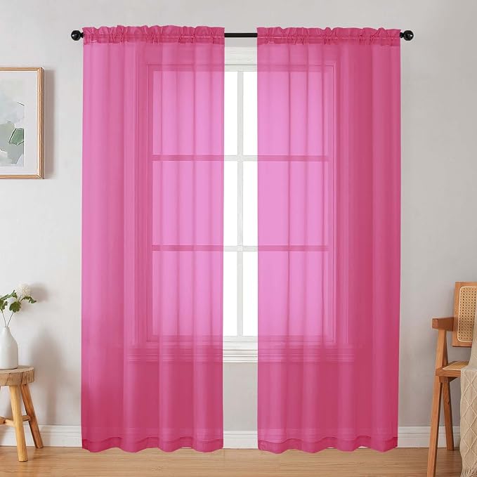 Hot Pink Sheer Curtain for Bedroom Living Room 72 Inches Long 2 Panels Set by WelvetBLK