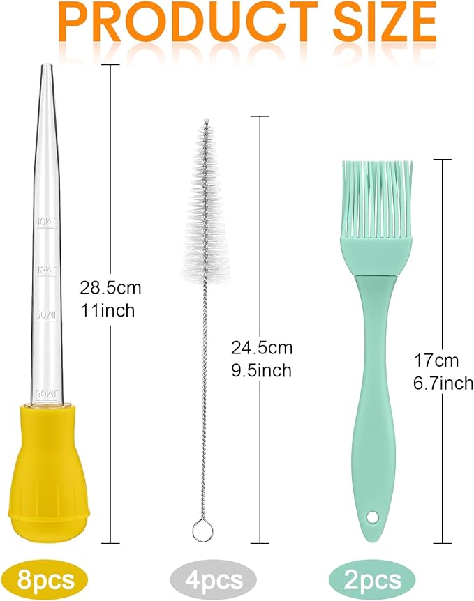 Boao 14 Pcs Heat-resistant Turkey Baster Cooking Set Includes 8 Pcs 11 Inch Turkey Baster, 2 Silicone Basting Brush, 4 Cleaning Brush for Thanksgiving Cooking, BBQ Grill, Baking Meat(Vibrant Color)