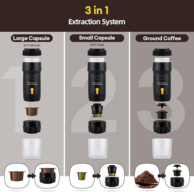 3 In 1 Portable Coffee Maker for Travel, 20 Bar Portable Espresso Machine with USB,Travel Coffee Maker Self-Heating, Compatible with Ground Coffee & Capsule for Hiking,Office,RV（Upgrade）