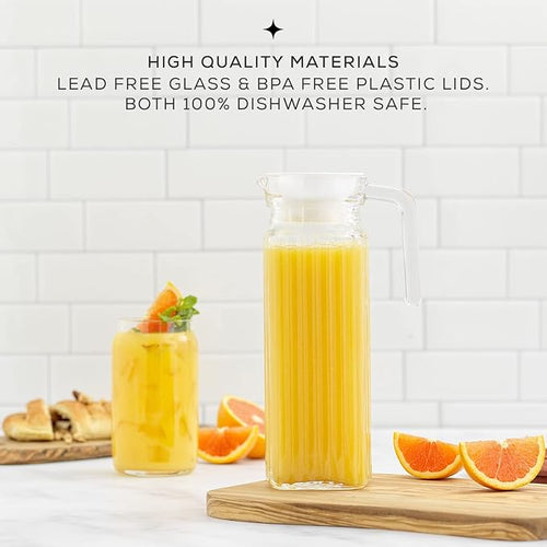 40oz Glass Pitcher with Lid (2 Lids) - Beverage Serveware, Storage Container and Carafe for Cold Drinks and Liquids. Glass Water Pitcher also for Juice, Bedside Carafe, Sun Tea Jar