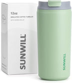 SUNWILL Insulated Coffee Mug with Lid, Leak Proof Tumbler Stainless Steel, 12 oz Travel Cup for Office, Home, Powder Coated Matcha