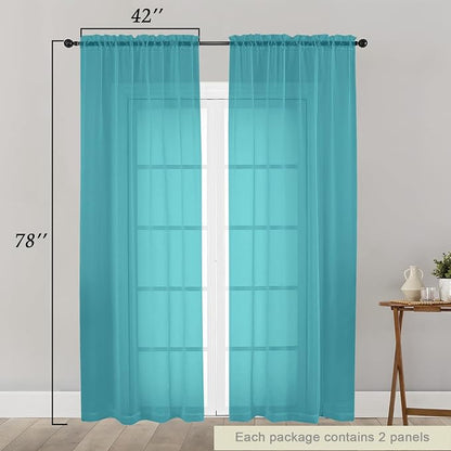 Turquoise Sheer Curtain for Bedroom Living Room 78 Inches Long 2 Panels Set - Image 2