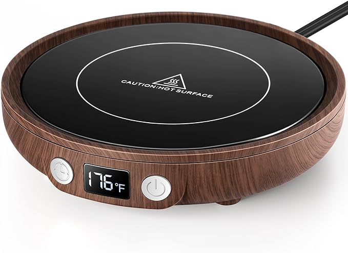 SWEETFULL Mug Warmer - Upgraded 36W Coffee Cup Warmer for Desk with 130℉-176℉ Digital Display, 2-12H Timer Auto Shut Off, Smart Electric Coffee Heating Plate, Ideal Gifts for Women Men - Wood