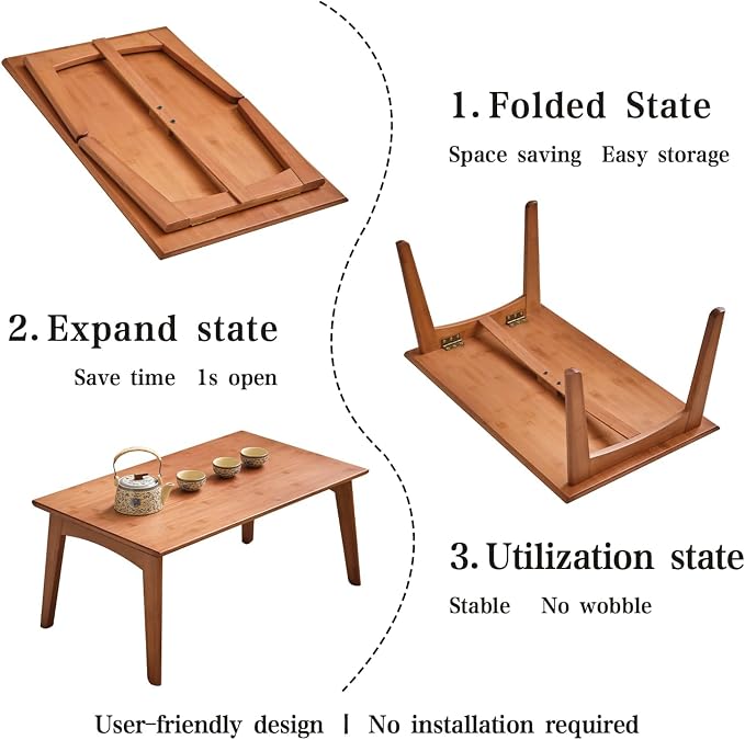 JIKUGO Bamboo Folding Coffee Table, No Assembly Required, Japanese Floor Table - Image 10