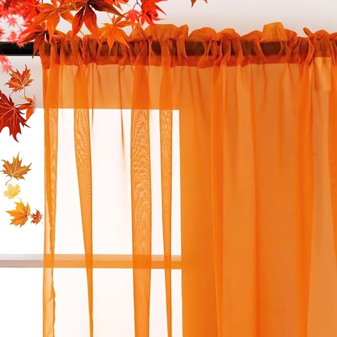 SpaceDresser Basic Rod Pocket Sheer Voile Window Curtain Panels Orange 2 Panels - Image 2