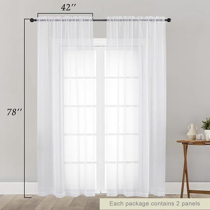 White Sheer Curtain for Bedroom Living Room 78 Inches Long 2 Panels Set - Image 2