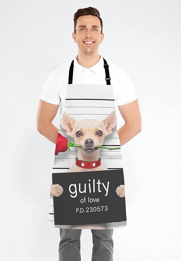 Cute Chihuahua Dog with Rose Bib Apron with Adjustable Neck for Men Women,Suitable for Home Kitchen Cooking Waitress Chef Grill Bistro Baking BBQ Cobbler Apron