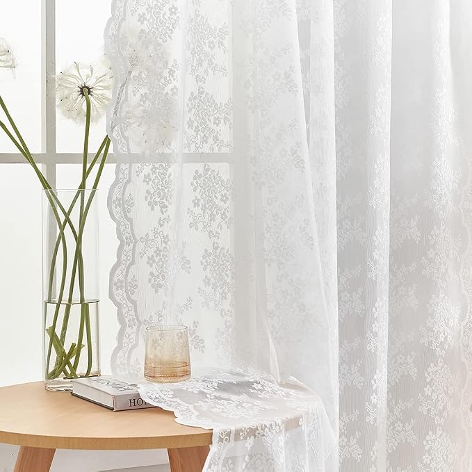 YJ YANJUN Vintage Lace Curtains White Sheer Curtains 96 inches Long 2 Panels - Image 3