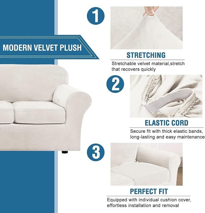H.VERSAILTEX High Stretch Sofa Slipcover 4 Piece Cover Velvet Furniture - Image 3