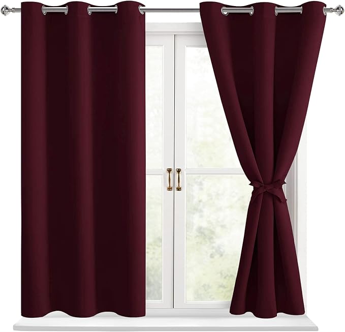 Short Blackout Curtains for Bedroom, Burgundy 38 x 54 Inch 2 Panels | Thermal by Hiasan