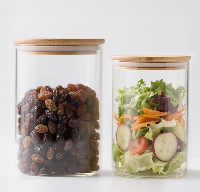 33 oz Glass Food Storage Jars with Airtight Lids, Clear Glass Jar with Bamboo Lid, Airtight Food Canister for Tea, Candy, Coffee, Sugar, Cookie, Snack. (Round | 5+6 Inch)