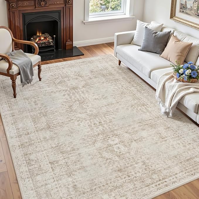 4x6 Area Rugs Living Room: Bedroom Neutral Washable Carpet Brown | Vintage Boho - Image 3
