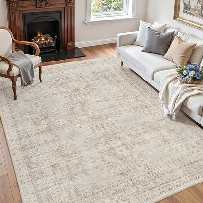 6x9 Area Rugs Living Room: Bedroom Neutral Washable Carpet Brown | Vintage Boho - Image 3