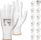 KAYGO Safety Work Gloves PU Coated-12 Pairs, KG11PB, Seamless Knit Glove with Polyurethane Coated Smooth Grip on Palm & Fingers, for Men and Women, Ideal for General Duty Work (XX-Large, White)