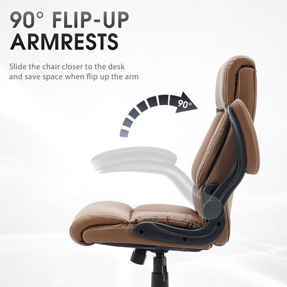 High Back Office Chair with Flip-up Armrests, Leather Comfy Desk Chair with - Image 6
