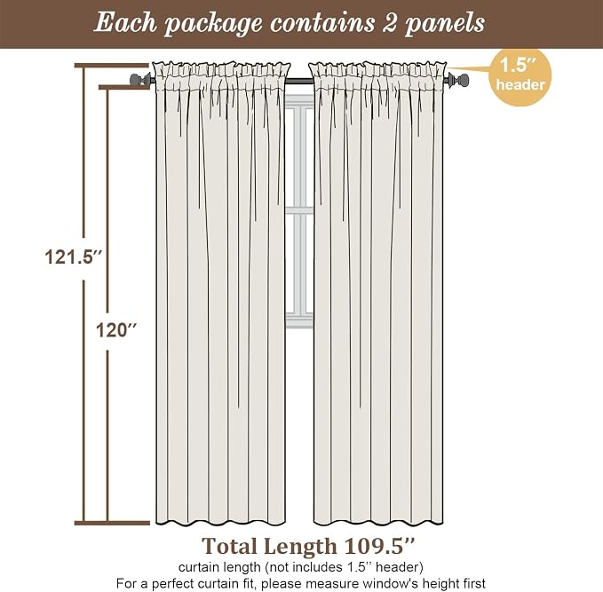 Chyhomenyc Extra Long Sheer Curtains 120 Inches Long 2 Panels Set, Light - Image 3