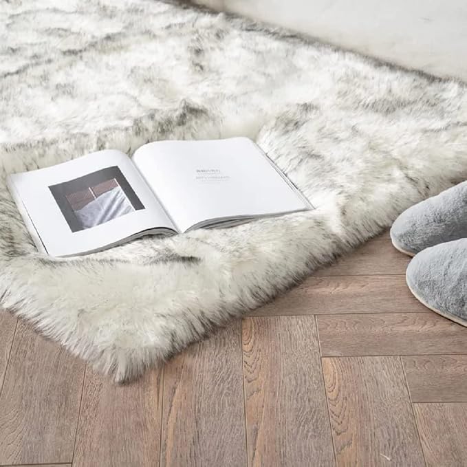 ORINOVA White and Grey 4X6 Faux Sheepskin Shag Fur Runner Rugs - Image 3