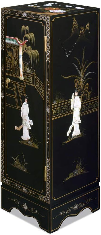 Black Lacquer Mother of Pearl Chinese Pedestal Cabinet - Image 3