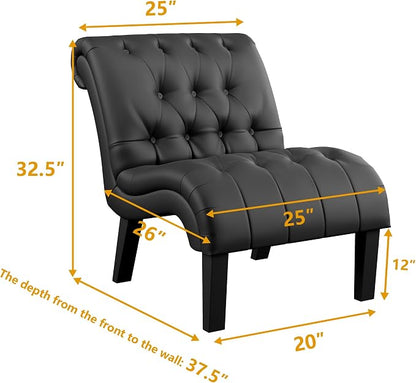 Black Faux Leather Accent Chair Modern Button Tufted Upholstered Armless Chair - Image 2