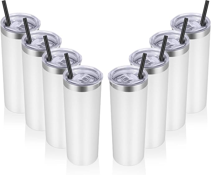 VEGOND Stainless Steel Tumblers Bulk 8 Pack, 20 oz Vacuum Insulated Skinny Tumblers with Lid and Straw, Double Wall Coffee Mug, Travel Water Cup, White