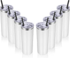 VEGOND Stainless Steel Tumblers Bulk 8 Pack, 20 oz Vacuum Insulated Skinny Tumblers with Lid and Straw, Double Wall Coffee Mug, Travel Water Cup, White