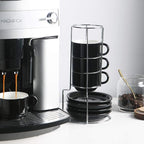 Sweejar Ceramic Espresso Cups with Saucers, 4 Ounce Stackable Cappuccino Cups with Metal Stand for Coffee Drinks, Latte, Tea - Set of 4 (Black)