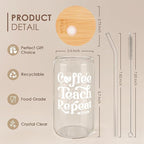 SANDJEST Teacher Glass Can, Coffee Teach Repeat Cup, Coffee Aesthetic Cups, Gift for Christmas Thanksgiving Birthday Teacher Appreciation, Gifts for Women, 16oz