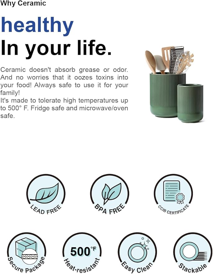 LE TAUCI Utensil Holder, 7.3"+5.4" Ceramic Kitchen Utensil Holder for Countertop, Large Cooking Utensil Crocks for Kitchen Counter, Morden Utensil Organizer for Spatula, Set of 2, Forest Green