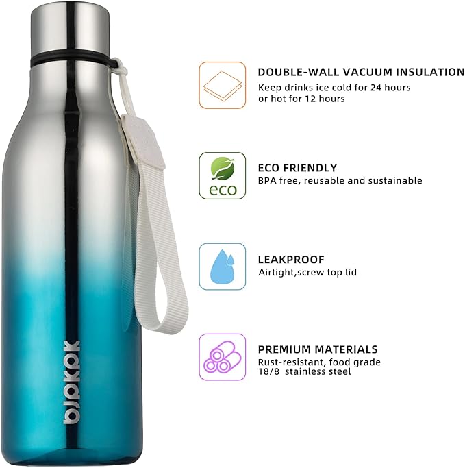BJPKPK Insulated Water Bottles, 18 oz Stainless Steel Metal Water Bottle with Strap, BPA Free Leak Proof Thermos, Mugs, Flasks, Reusable Water Bottle for Sports & Travel, Blue Lagoon