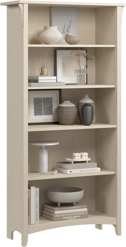 Bush Home Salinas 5 Shelf Bookcase in Antique White, Tall Bookshelf, Large Book by BushHome